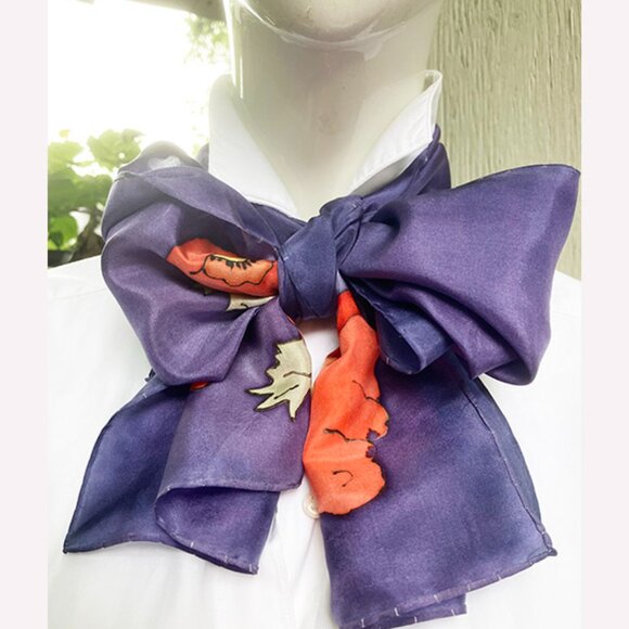 VTG 80s Silk Hand Painted Scarf Purple with Bright Flowers at Both Ends 53 X 11 - Picture 1 of 12